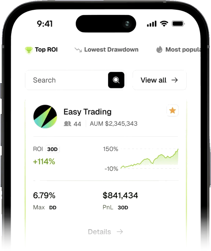 L'app CopyX, con le strategie live ordinate per ROI e drawdown
