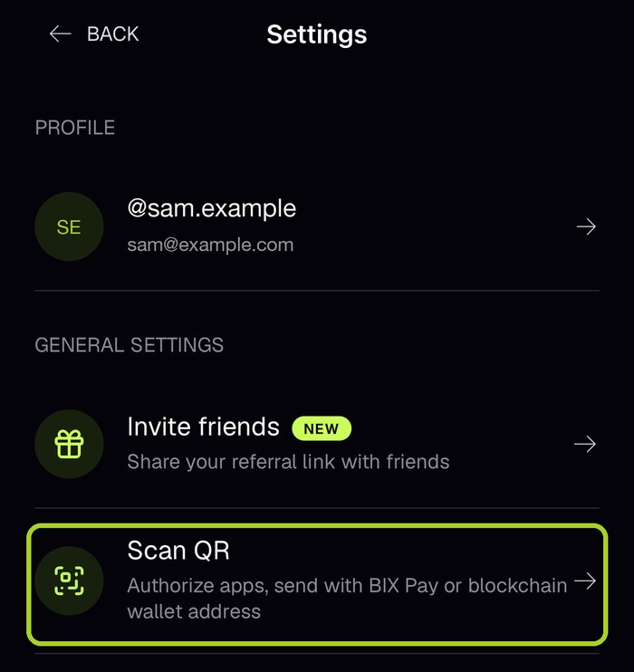 BIX app: Settings, Scan QR